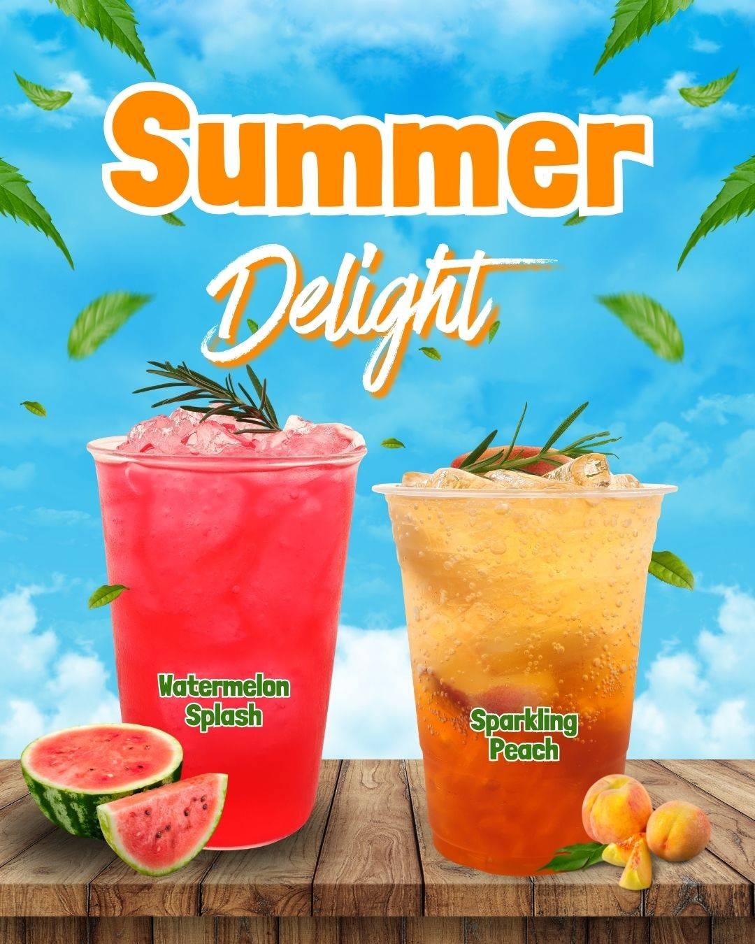 Two summer drinks in cups labeled Watermelon Splash and Sparkling Peach with fresh fruits and blue sky background.