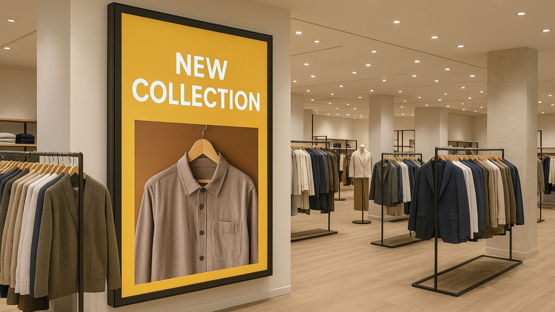 Digital signage display in a modern retail clothing store showcasing promotional content on a wall-mounted screen