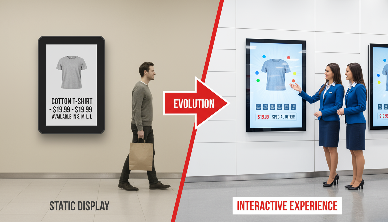Comparison of static digital display and interactive digital signage in a retail clothing store, showing evolution from outdated static screens to dynamic, engaging customer experiences.