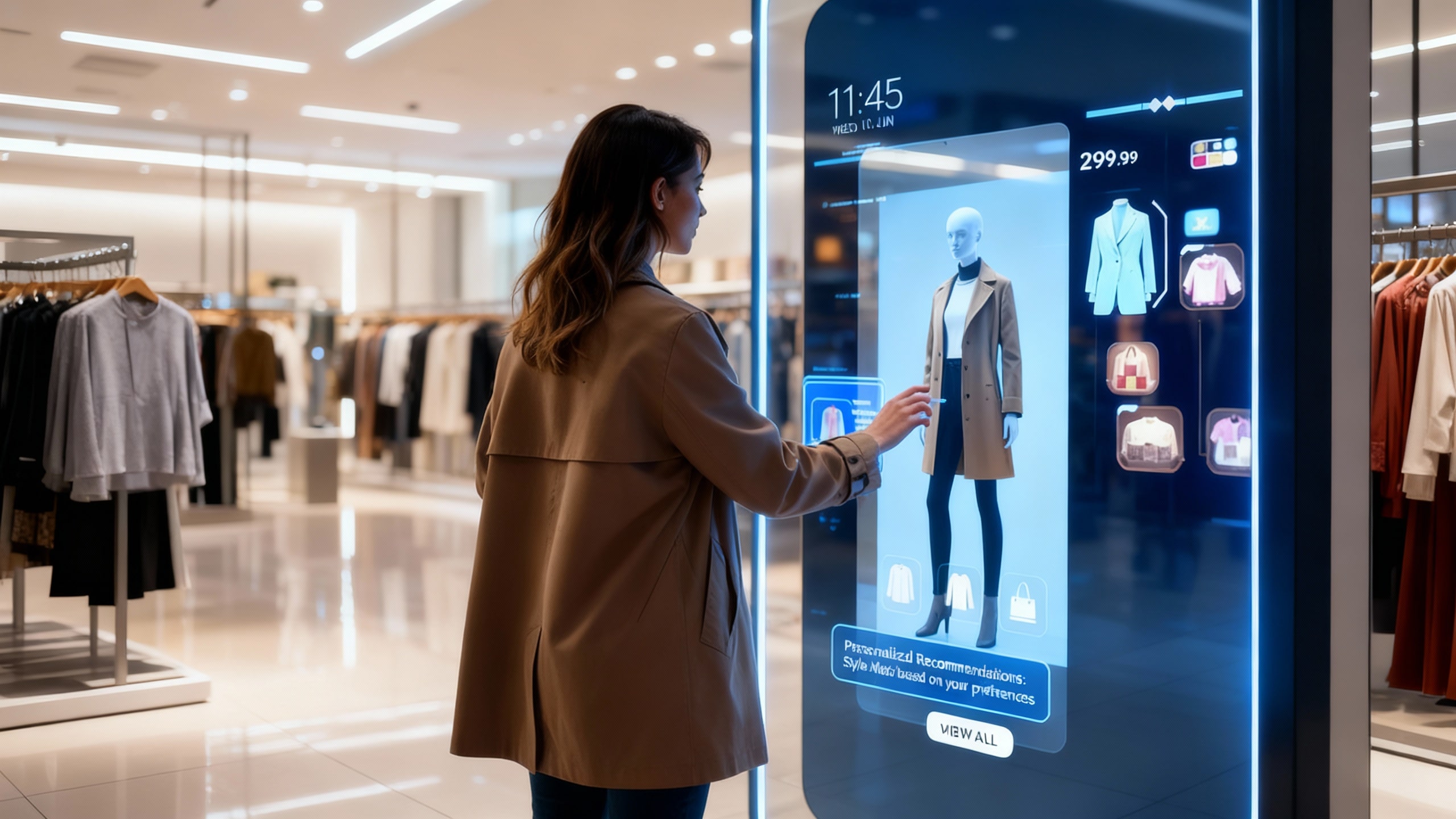 A shopper interacts with an AI-powered digital signage display showing personalized product recommendations, blending eCommerce-style personalization with the in-store retail experience.
