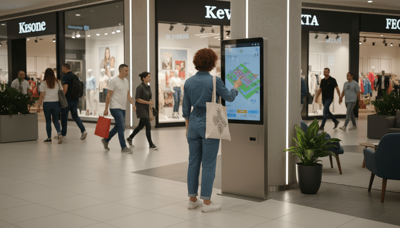 A customer interacts with an AI-powered interactive kiosk displaying smart navigation and personalized recommendations, representing the next generation of intelligent retail technology.