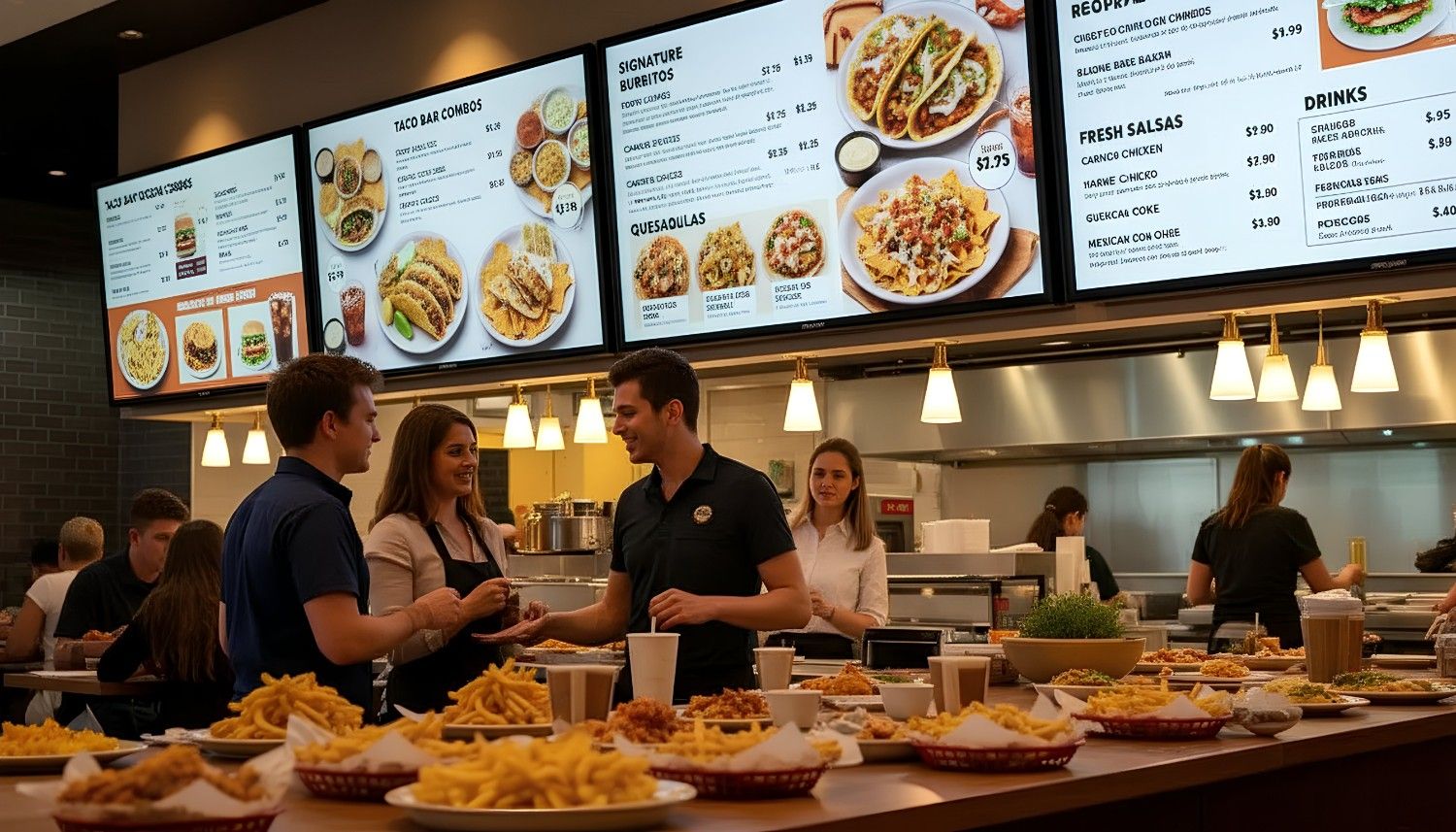 AI-powered digital menu board in a quick-service restaurant displaying personalized recommendations and dynamic pricing to boost average order value.