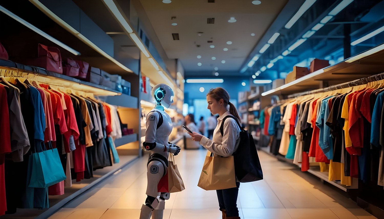 A modern retail store using AI-powered digital signage, analytics, and smart kiosks to create immersive in-store experiences that rival and outperform online shopping.