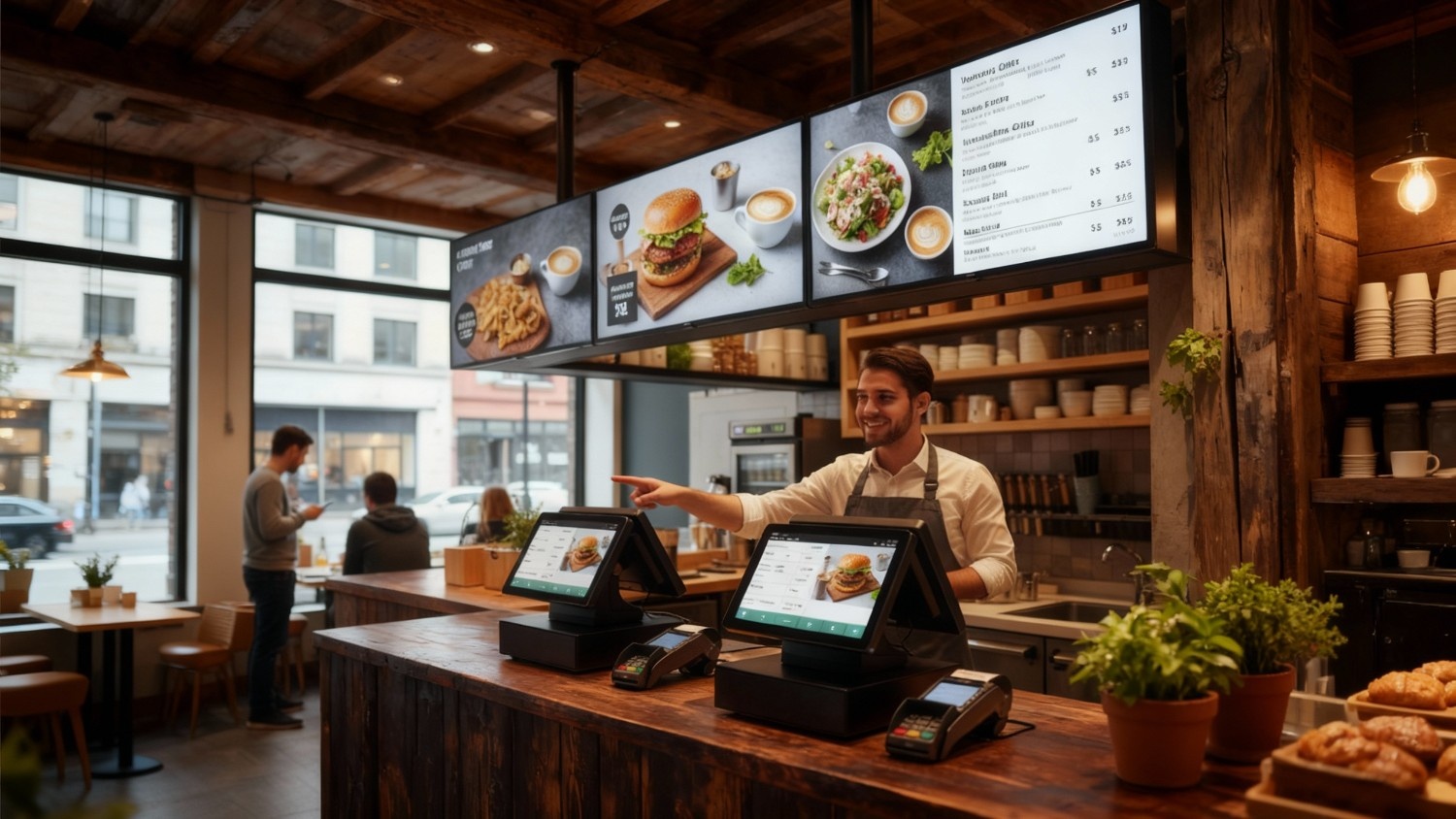Digital signage displays automatically updating product availability and pricing in a retail store, synced in real-time with POS and inventory management systems.